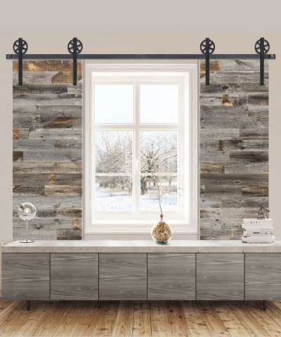 Barn door shutters around a window