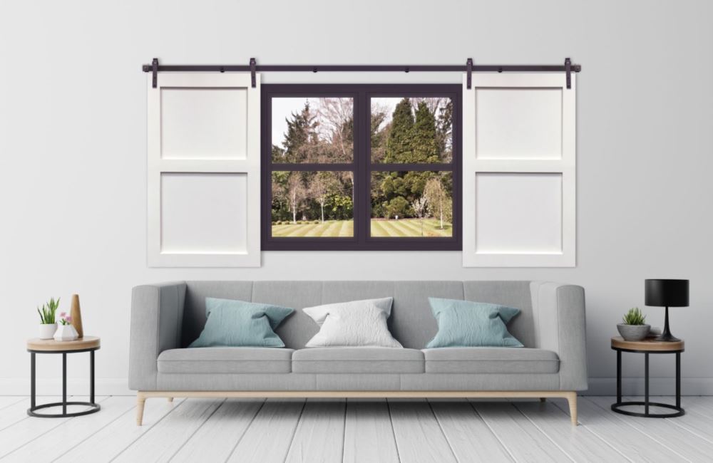 Barn door shutters in a living room