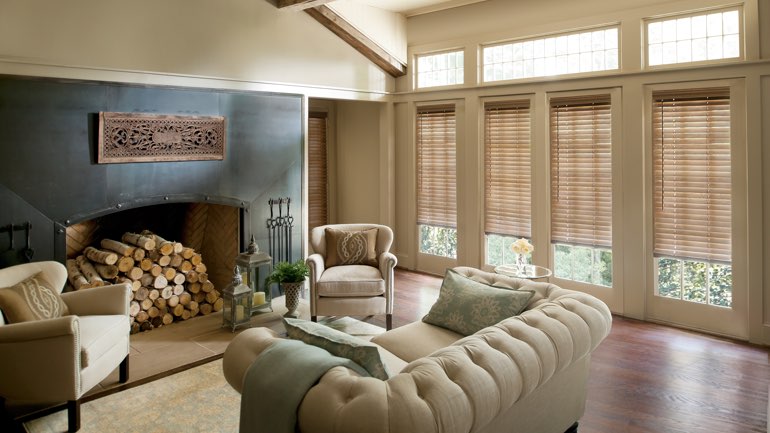 Riverside fireplace with blinds