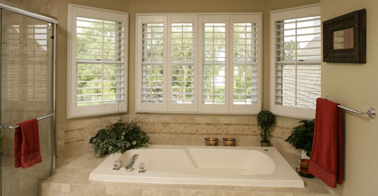 Polywood plantation shutters in Riverside bathrooms are a perfect match Plantation shutters in Riverside bathroom.