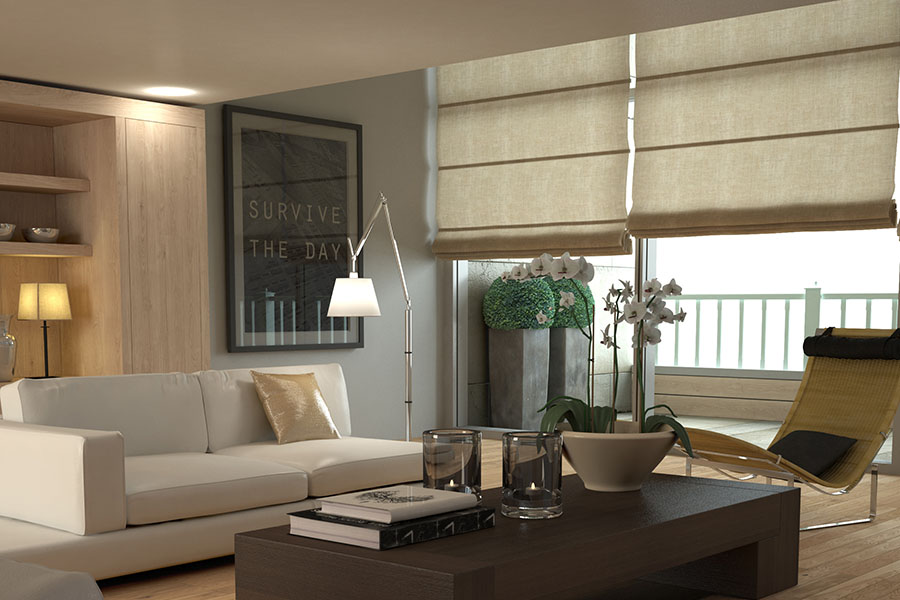 Roman window shades are both beautiful and functional. Tan Roman shades on large windows in a modern living room