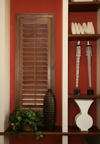 You can even match your wood shutters with shelving. Riverside wood shutter shelving