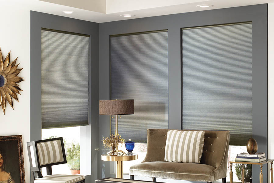 Add style and comfort to your home with cellular shades in Riverside. Gray cellular shades in a corner of a stylish living room.